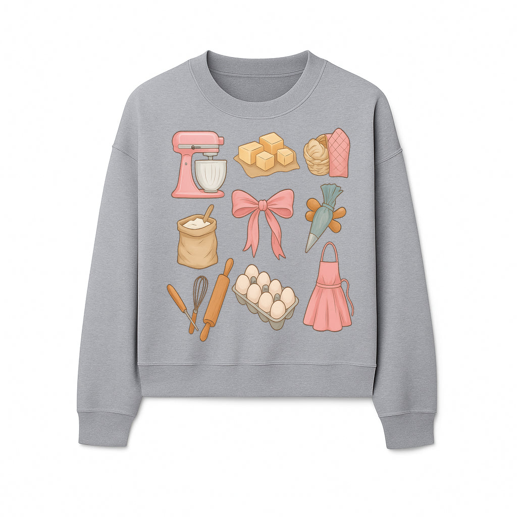 Baking Essentials Illustration - Mixer, Eggs, Sugar, Apron, Whisk - Kitchen Decor for Bakers and Home Chefs, Cute Art Print - Sweatshirt 1758181705181.jpg