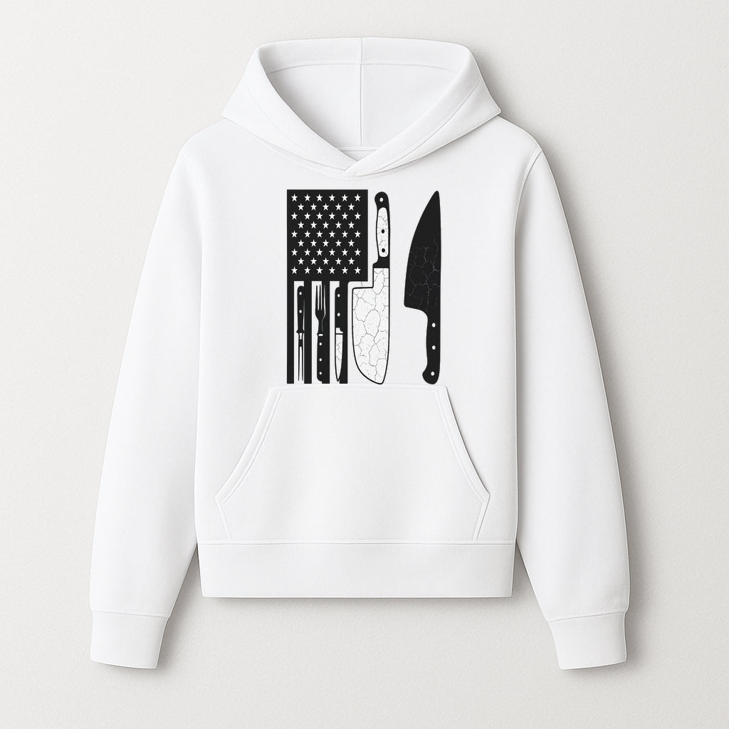American Flag Kitchen Knife Set - Rustic Black and White Design with Forks, Ideal for Chefs and Patriotic Home Cooks - Hoodie 1758181705814.jpg