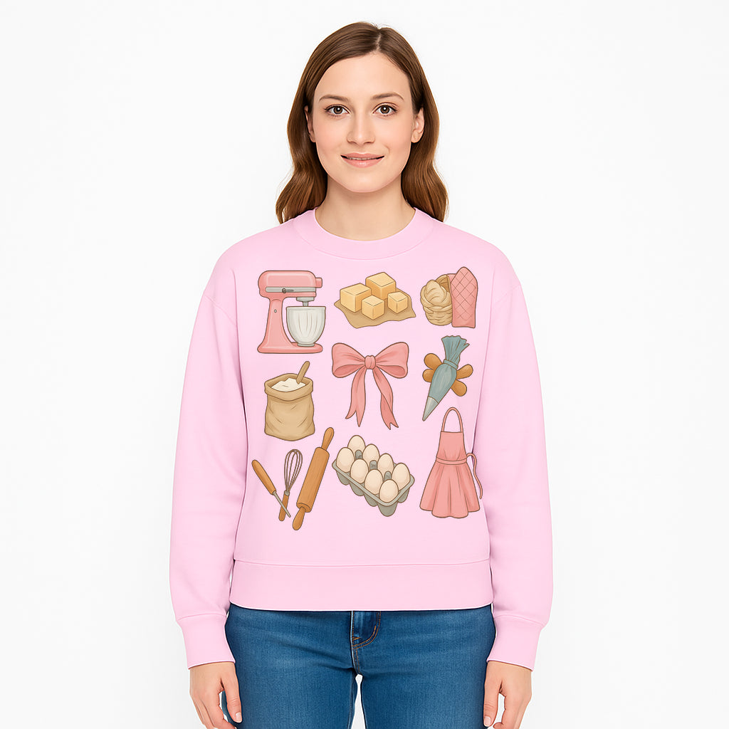 Baking Essentials Illustration - Mixer, Eggs, Sugar, Apron, Whisk - Kitchen Decor for Bakers and Home Chefs, Cute Art Print - Sweatshirt 1758181706612.jpg