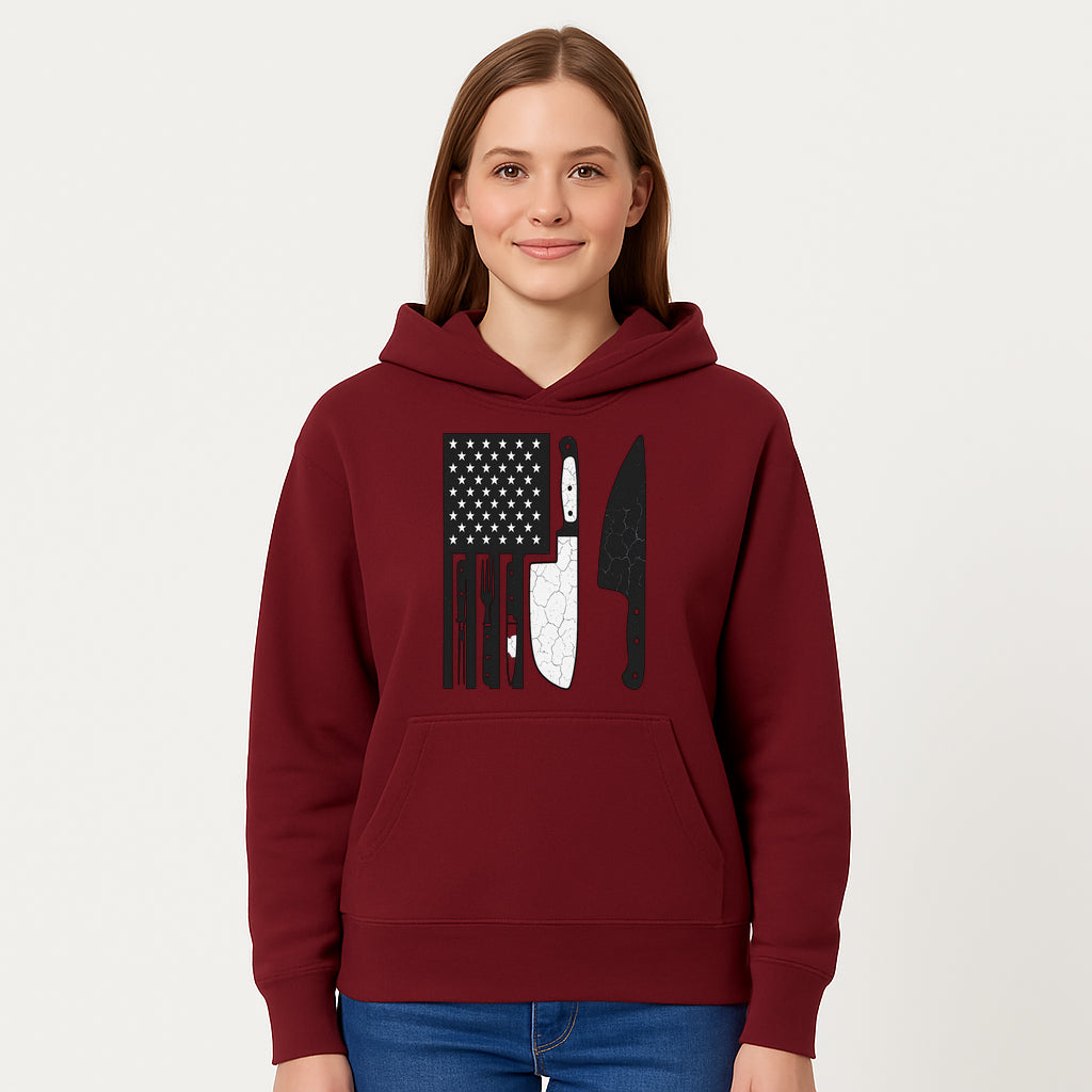 American Flag Kitchen Knife Set - Rustic Black and White Design with Forks, Ideal for Chefs and Patriotic Home Cooks - Hoodie 1758181707170.jpg