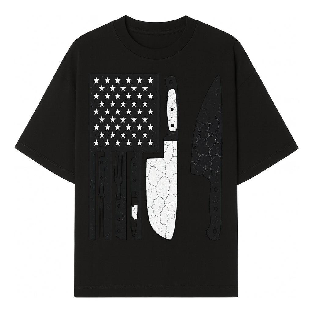 American Flag Kitchen Knife Set - Rustic Black and White Design with Forks, Ideal for Chefs and Patriotic Home Cooks - T-shirt 1758181707467.jpg