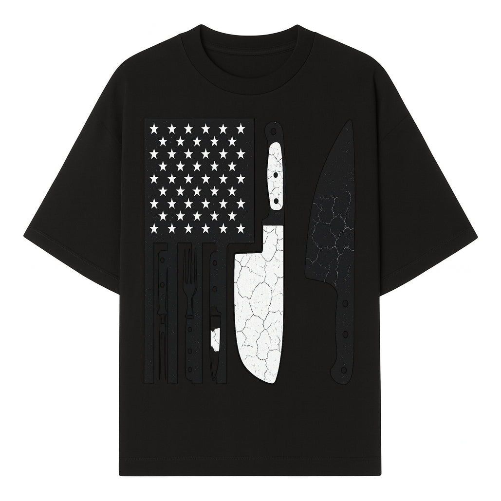 American Flag Kitchen Knife Set - Rustic Black and White Design with Forks, Ideal for Chefs and Patriotic Home Cooks - T-shirt 1758181707467.jpg