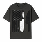 American Flag Kitchen Knife Set - Rustic Black and White Design with Forks, Ideal for Chefs and Patriotic Home Cooks - T-shirt 1758181707621.jpg