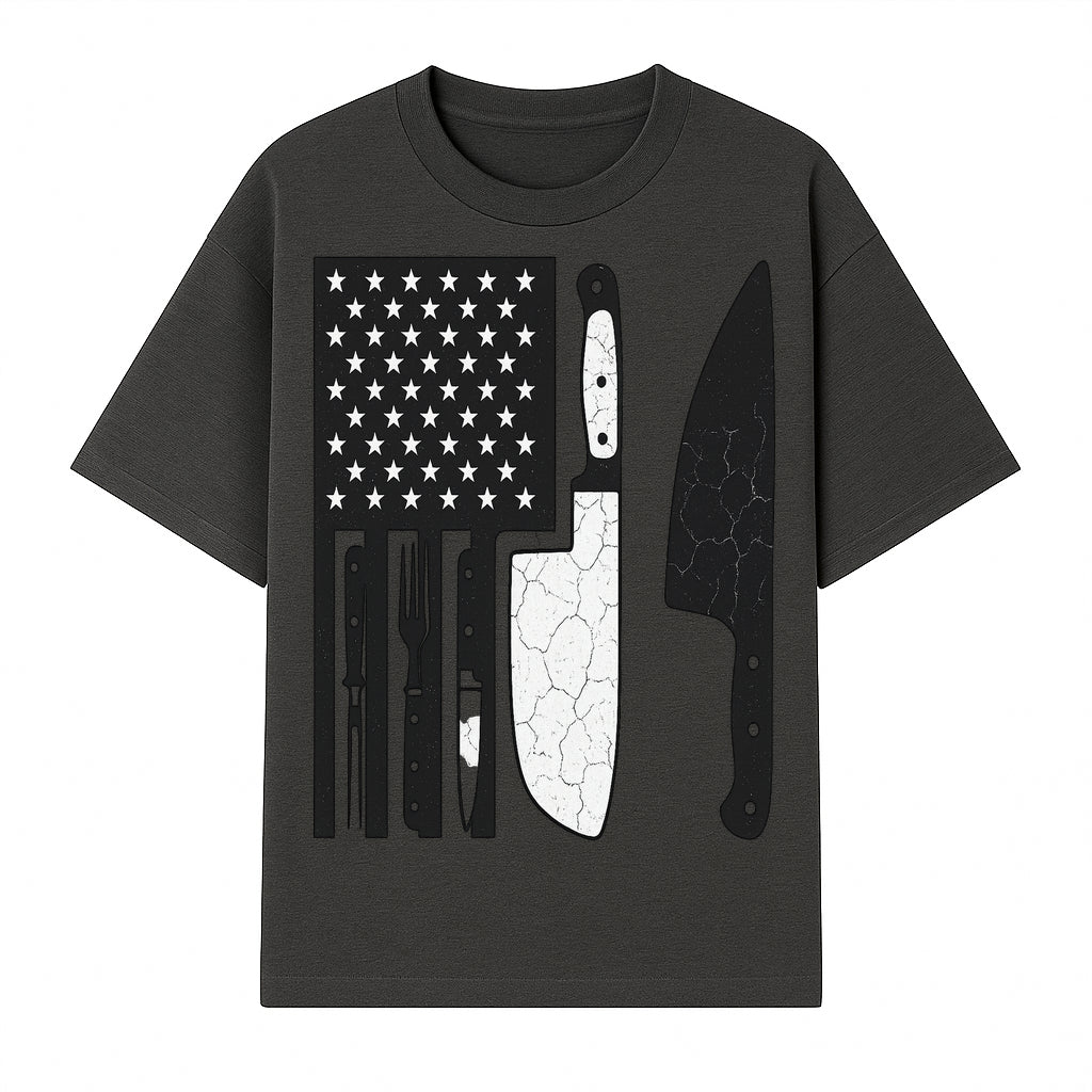 American Flag Kitchen Knife Set - Rustic Black and White Design with Forks, Ideal for Chefs and Patriotic Home Cooks - T-shirt 1758181707621.jpg
