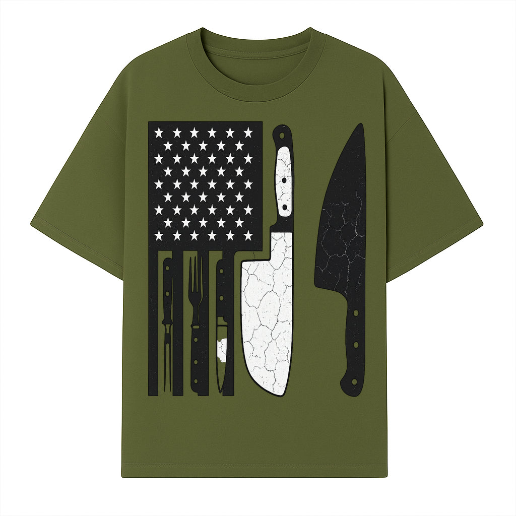 American Flag Kitchen Knife Set - Rustic Black and White Design with Forks, Ideal for Chefs and Patriotic Home Cooks - T-shirt 1758181707762.jpg