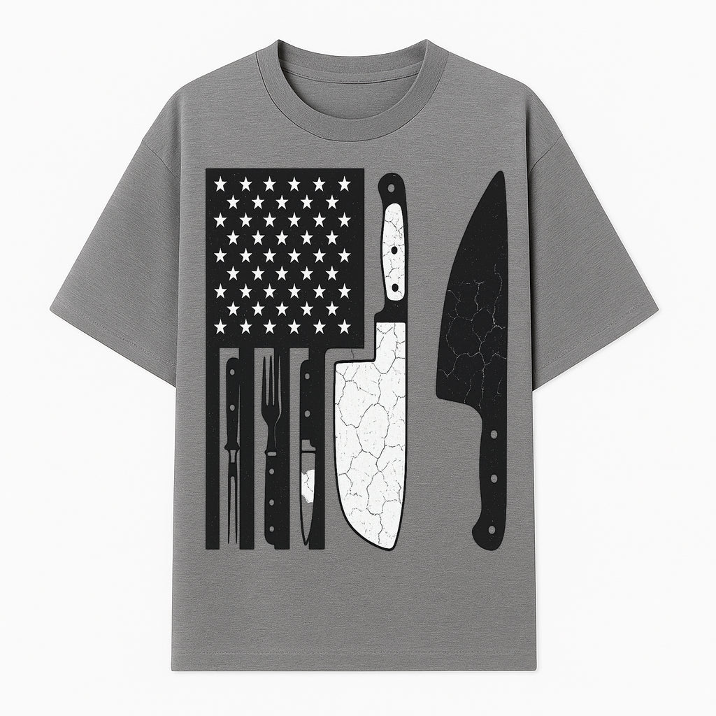 American Flag Kitchen Knife Set - Rustic Black and White Design with Forks, Ideal for Chefs and Patriotic Home Cooks - T-shirt 1758181707908.jpg