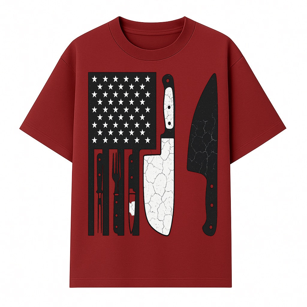 American Flag Kitchen Knife Set - Rustic Black and White Design with Forks, Ideal for Chefs and Patriotic Home Cooks - T-shirt 1758181708334.jpg
