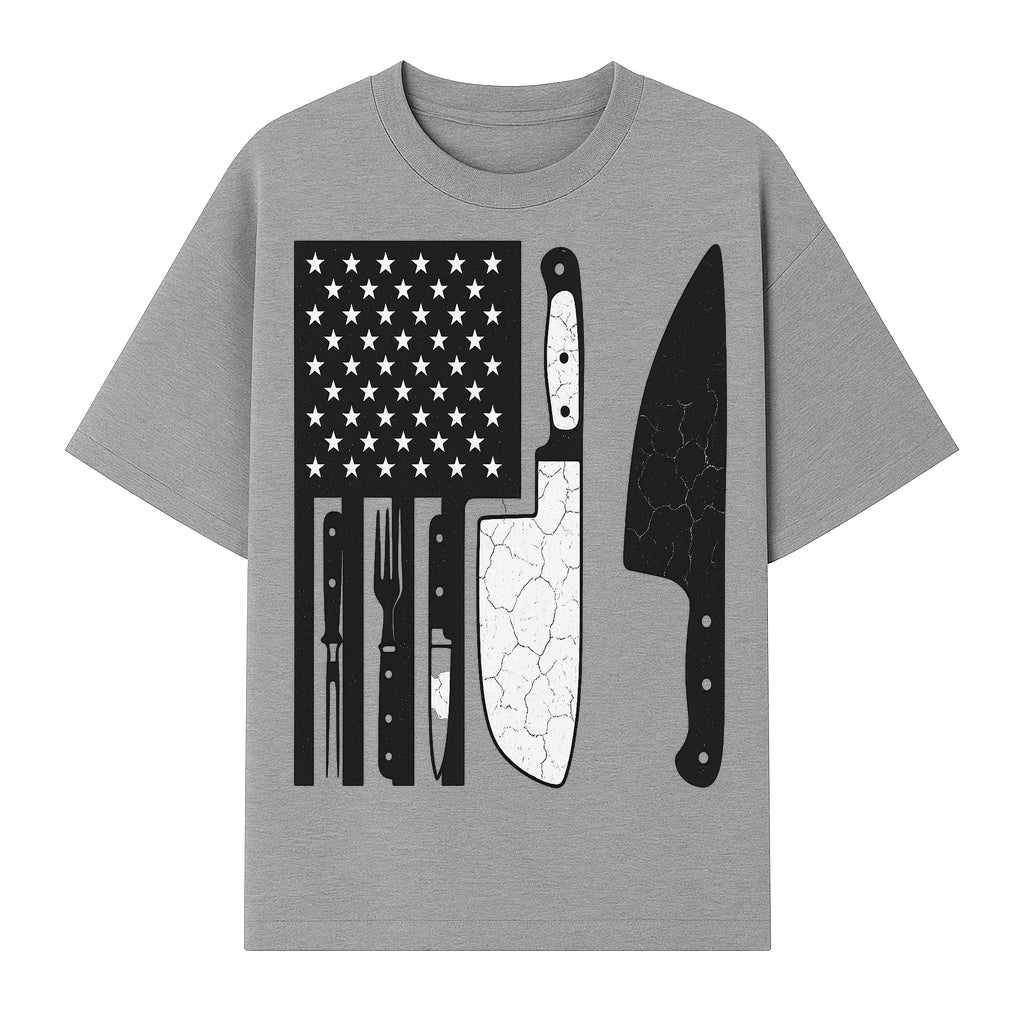 American Flag Kitchen Knife Set - Rustic Black and White Design with Forks, Ideal for Chefs and Patriotic Home Cooks - T-shirt 1758181708768.jpg