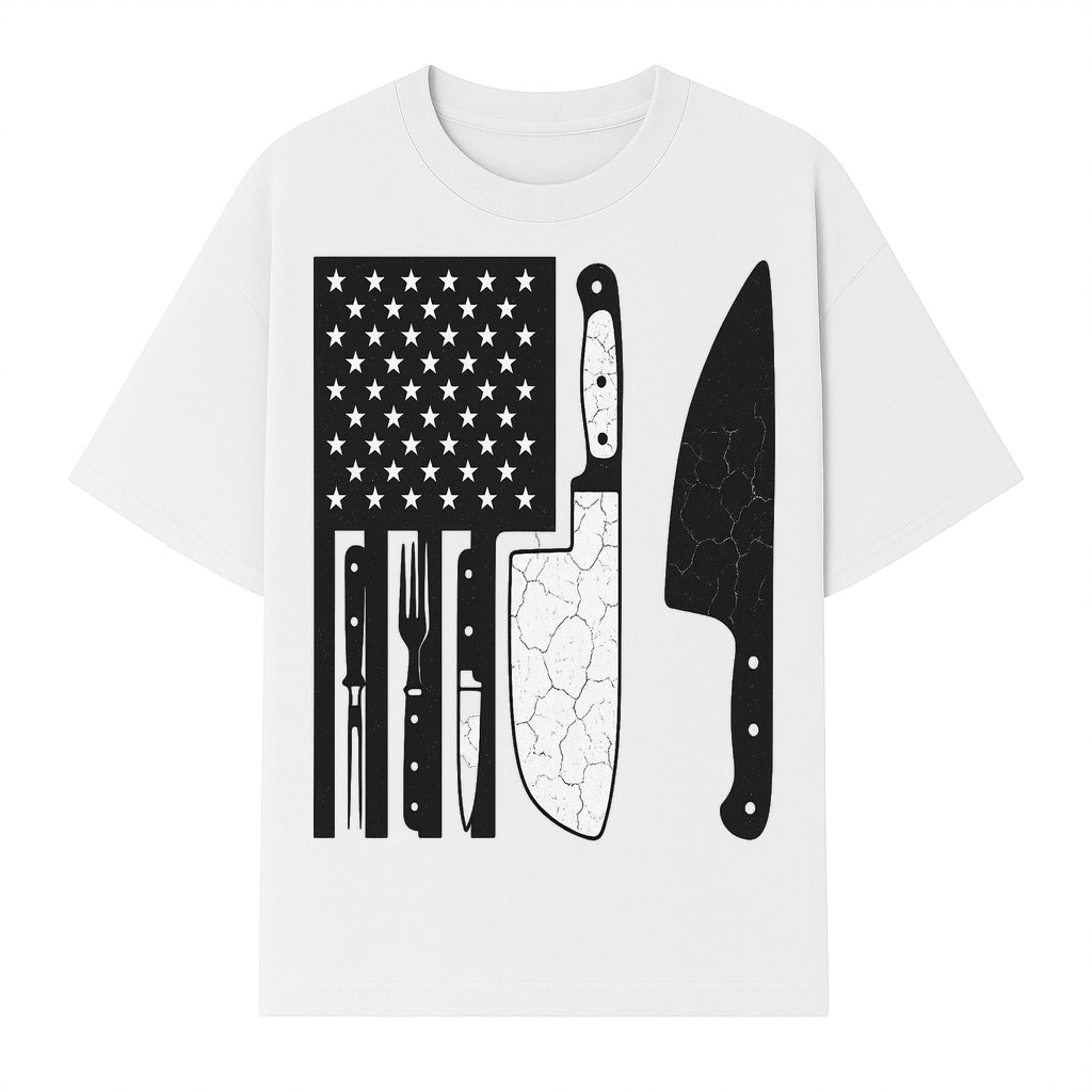 American Flag Kitchen Knife Set - Rustic Black and White Design with Forks, Ideal for Chefs and Patriotic Home Cooks - T-shirt 1758181708916.jpg