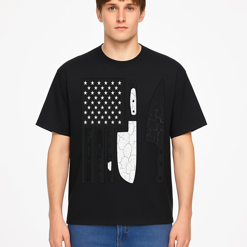 American Flag Kitchen Knife Set - Rustic Black and White Design with Forks, Ideal for Chefs and Patriotic Home Cooks - T-shirt 1758181710061.jpg