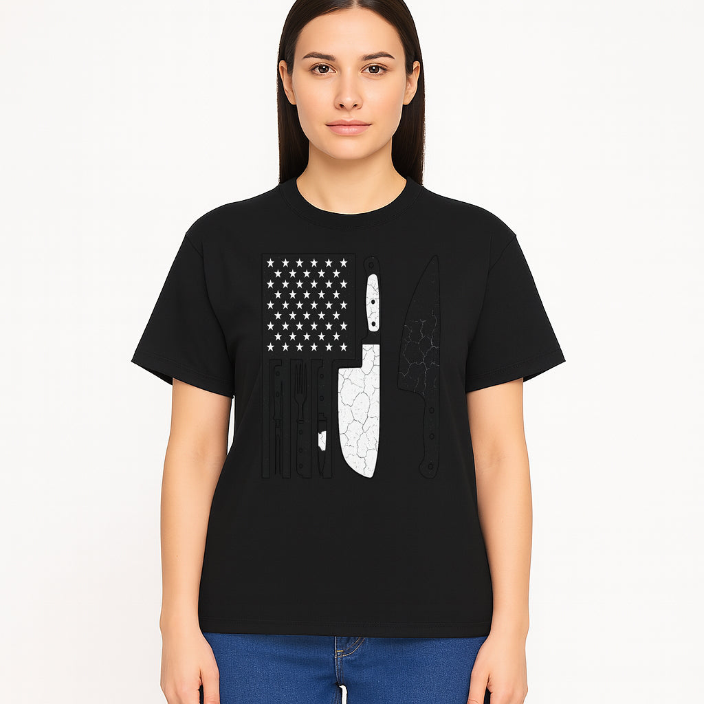 American Flag Kitchen Knife Set - Rustic Black and White Design with Forks, Ideal for Chefs and Patriotic Home Cooks - T-shirt 1758181710259.jpg