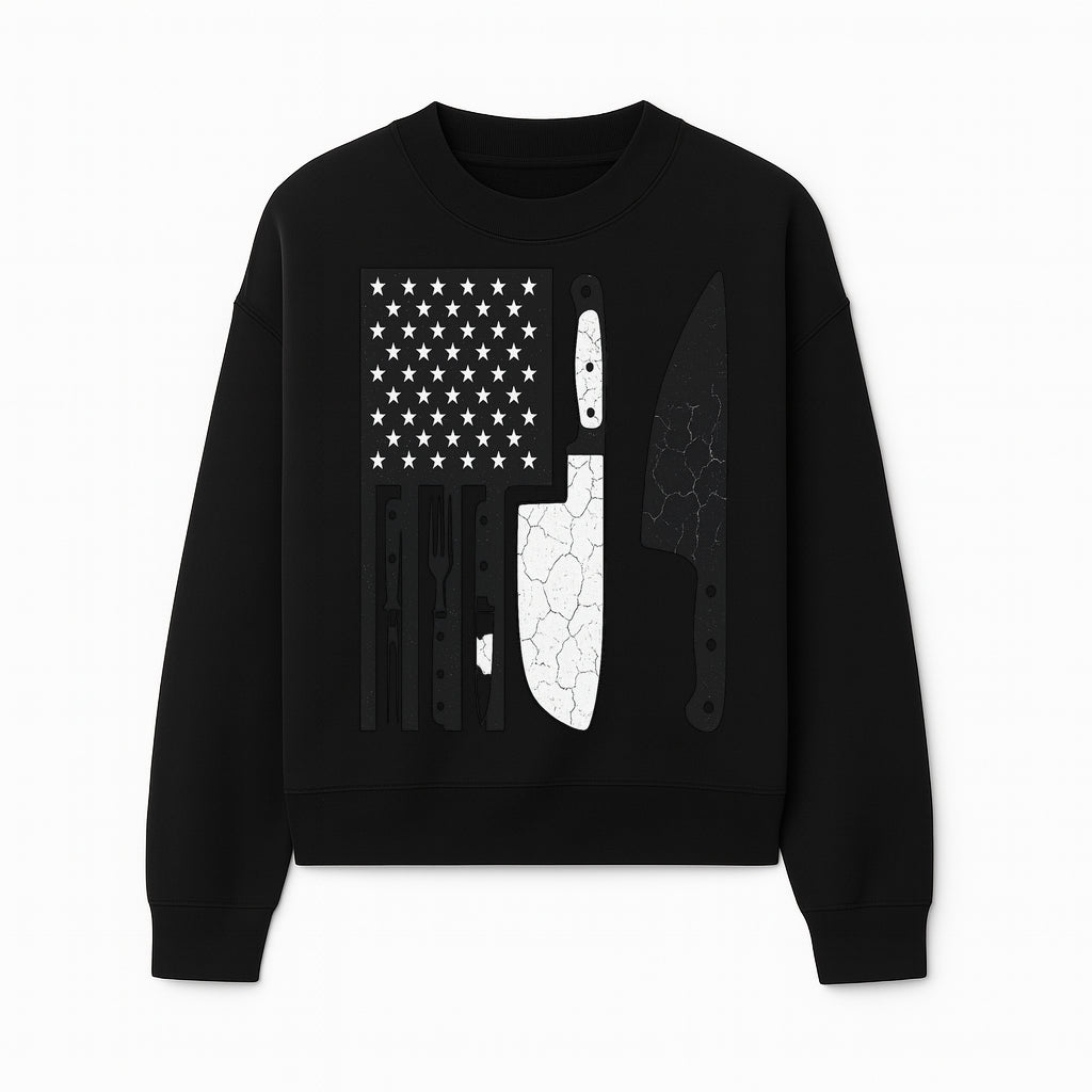 American Flag Kitchen Knife Set - Rustic Black and White Design with Forks, Ideal for Chefs and Patriotic Home Cooks - Sweatshirt 1758181710528.jpg