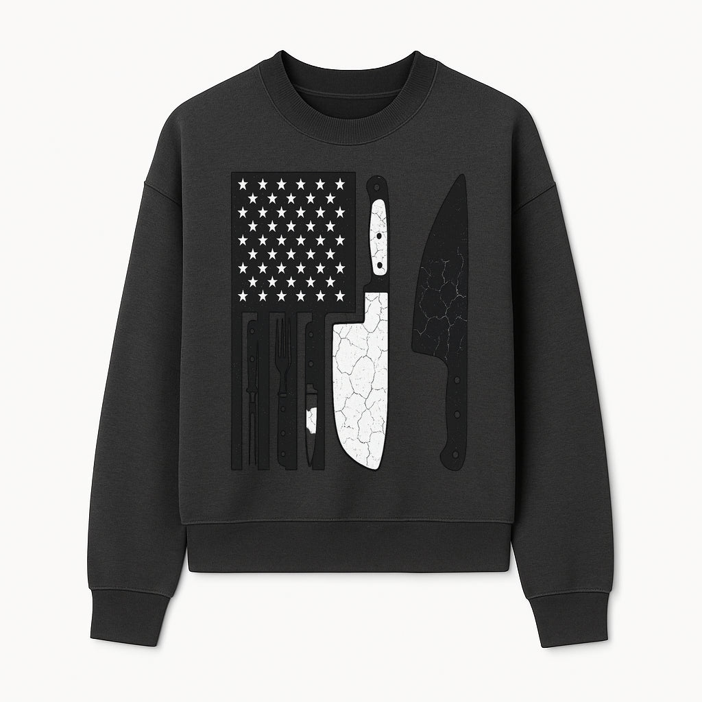American Flag Kitchen Knife Set - Rustic Black and White Design with Forks, Ideal for Chefs and Patriotic Home Cooks - Sweatshirt 1758181710660.jpg