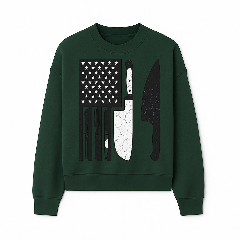 American Flag Kitchen Knife Set - Rustic Black and White Design with Forks, Ideal for Chefs and Patriotic Home Cooks - Sweatshirt 1758181710839.jpg