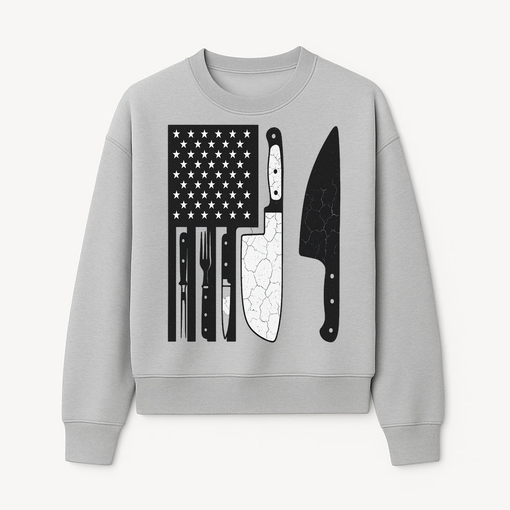 American Flag Kitchen Knife Set - Rustic Black and White Design with Forks, Ideal for Chefs and Patriotic Home Cooks - Sweatshirt 1758181710977.jpg