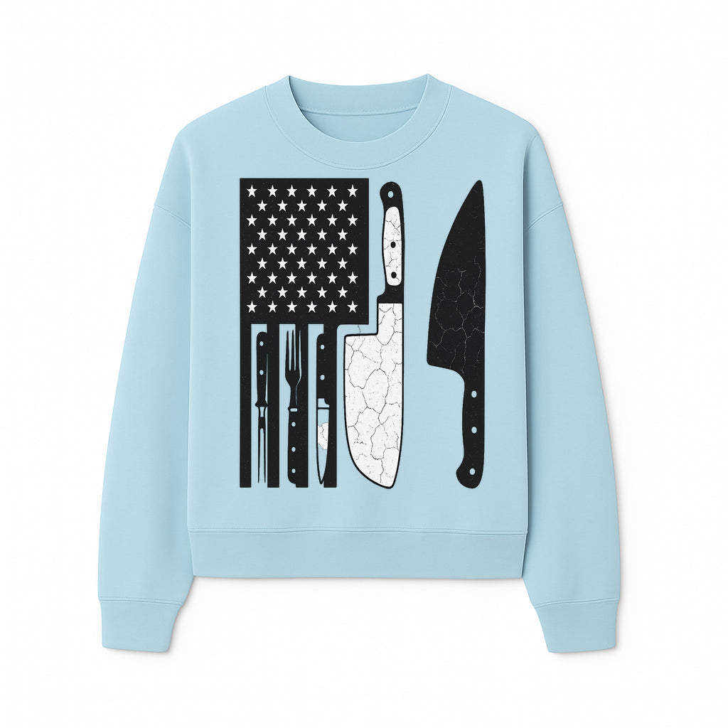 American Flag Kitchen Knife Set - Rustic Black and White Design with Forks, Ideal for Chefs and Patriotic Home Cooks - Sweatshirt 1758181711166.jpg