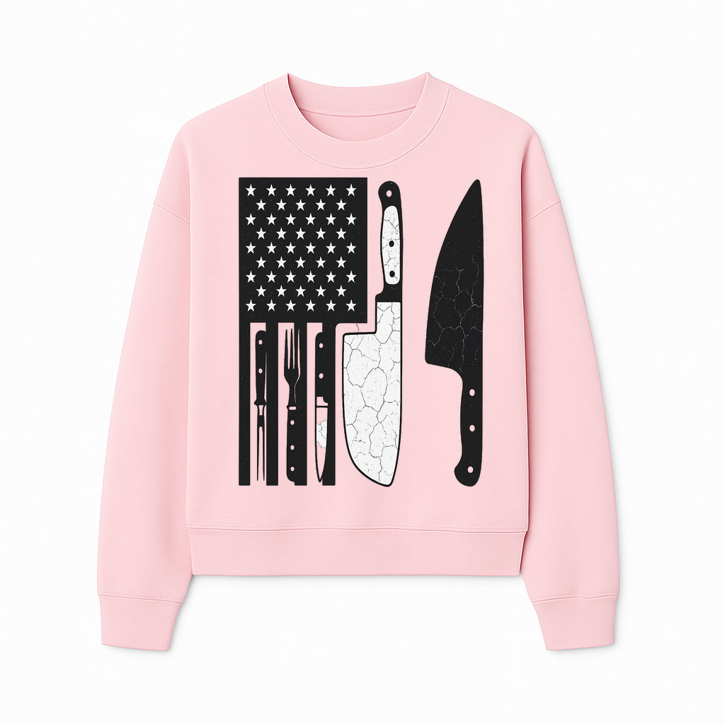 American Flag Kitchen Knife Set - Rustic Black and White Design with Forks, Ideal for Chefs and Patriotic Home Cooks - Sweatshirt 1758181711315.jpg