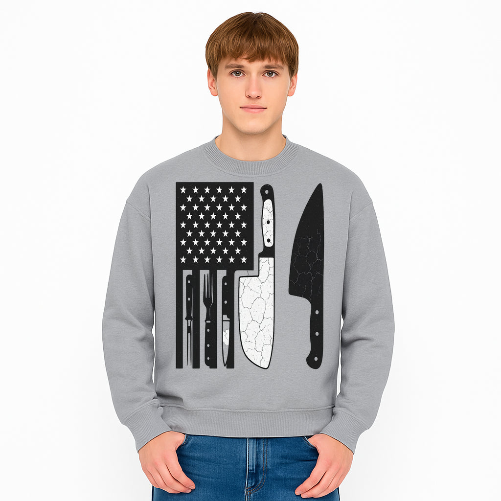 American Flag Kitchen Knife Set - Rustic Black and White Design with Forks, Ideal for Chefs and Patriotic Home Cooks - Sweatshirt 1758181713316.jpg