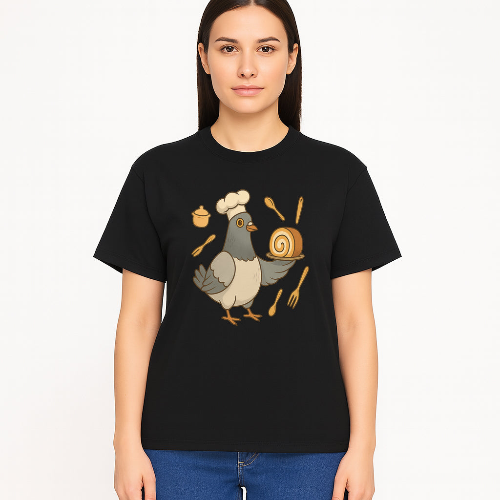 Chef Pigeon Serving Cake Design T-Shirt | Cute Bird Baking Graphic Tee | Fun Cooking Gift for Bird Lovers & Bakers - T-shirt 1758181729422.jpg