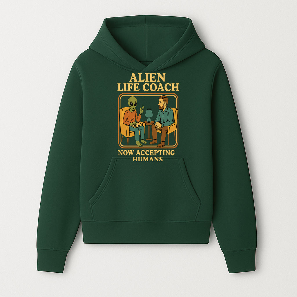 Alien Life Coach Illustration | Quirky Counseling Art | Now Accepting Humans | Fun Home Decor | Unique Gift for Science Fiction Fans - Hoodie 1758186533044.jpg