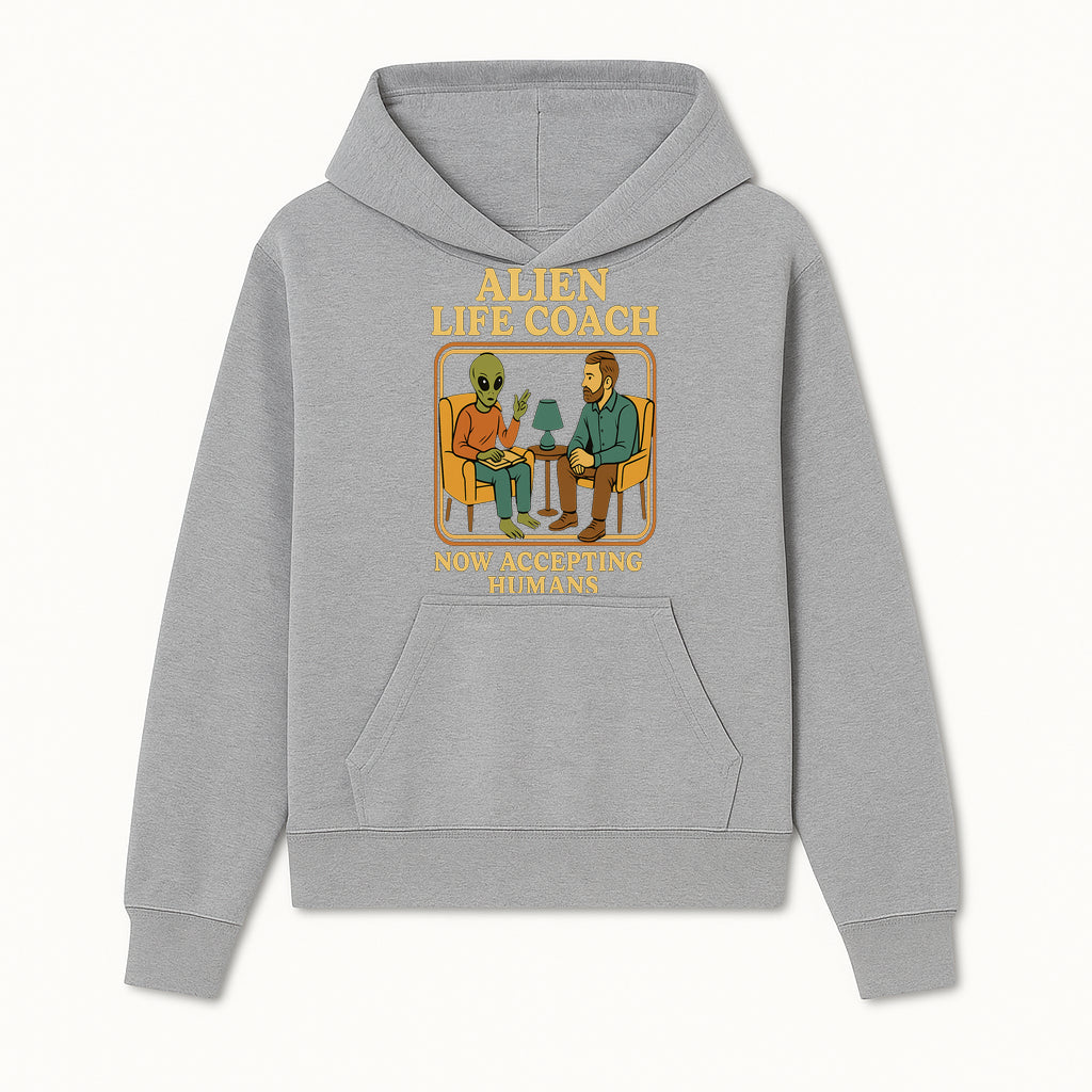 Alien Life Coach Illustration | Quirky Counseling Art | Now Accepting Humans | Fun Home Decor | Unique Gift for Science Fiction Fans - Hoodie 1758186533209.jpg