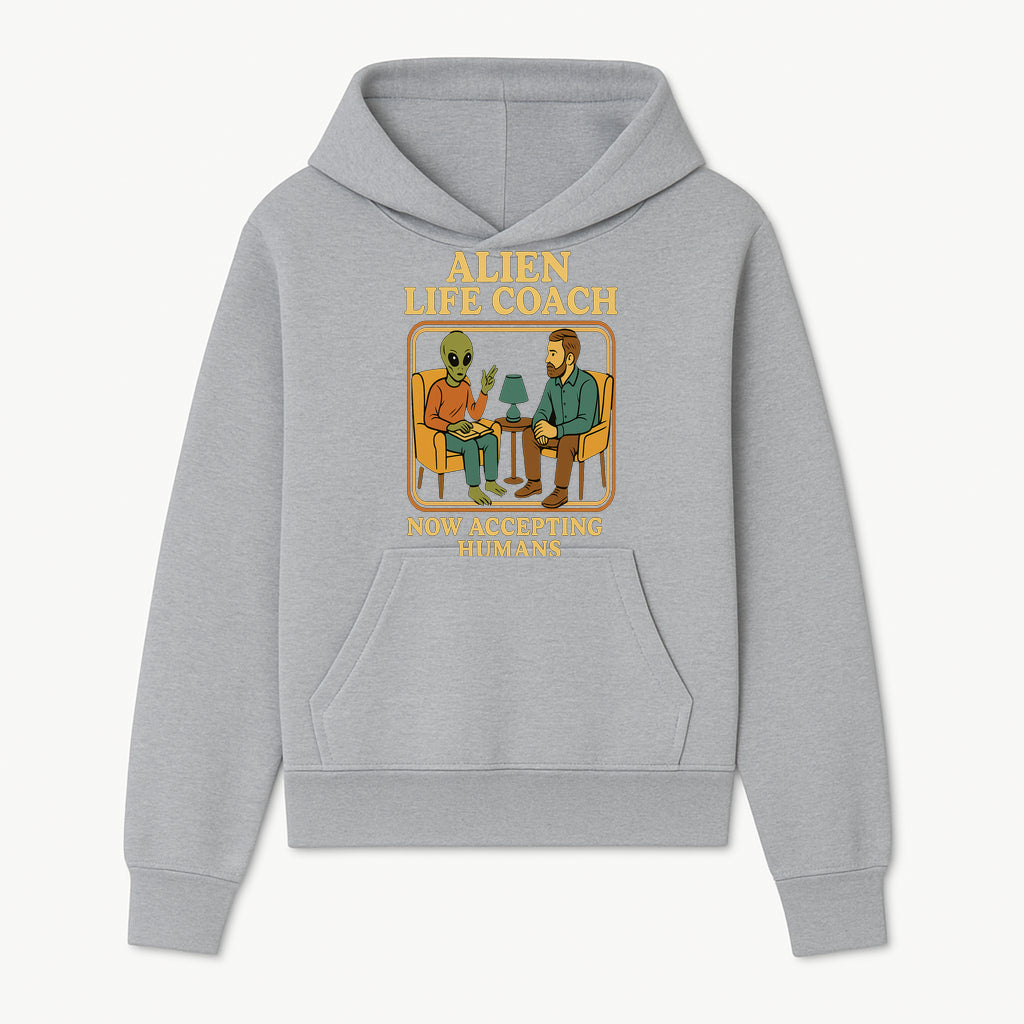 Alien Life Coach Illustration | Quirky Counseling Art | Now Accepting Humans | Fun Home Decor | Unique Gift for Science Fiction Fans - Hoodie 1758186534093.jpg