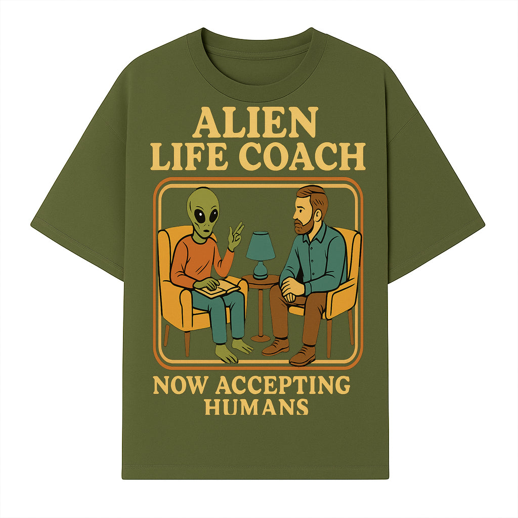 Alien Life Coach Illustration | Quirky Counseling Art | Now Accepting Humans | Fun Home Decor | Unique Gift for Science Fiction Fans - T-shirt 1758186536123.jpg
