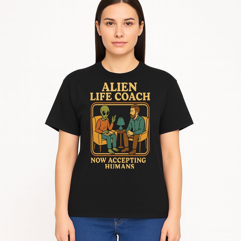Alien Life Coach Illustration | Quirky Counseling Art | Now Accepting Humans | Fun Home Decor | Unique Gift for Science Fiction Fans - T-shirt 1758186538547.jpg