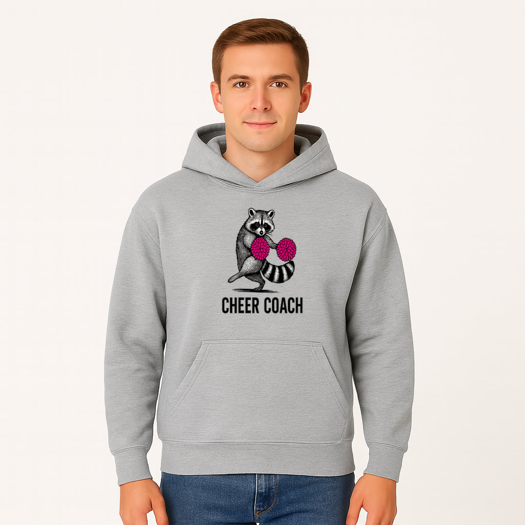 Cheer Coach Raccoon Graphic Tee - Fun & Whimsical Animal Design for Cheerleaders & Coaches, Perfect Gift Idea - Hoodie 1758186551853.jpg