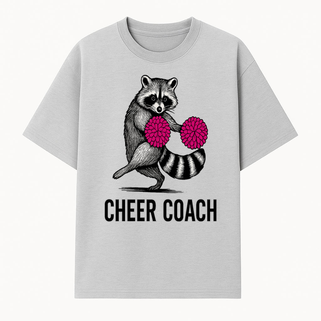 Cheer Coach Raccoon Graphic Tee - Fun & Whimsical Animal Design for Cheerleaders & Coaches, Perfect Gift Idea - T-shirt 1758186552155.jpg