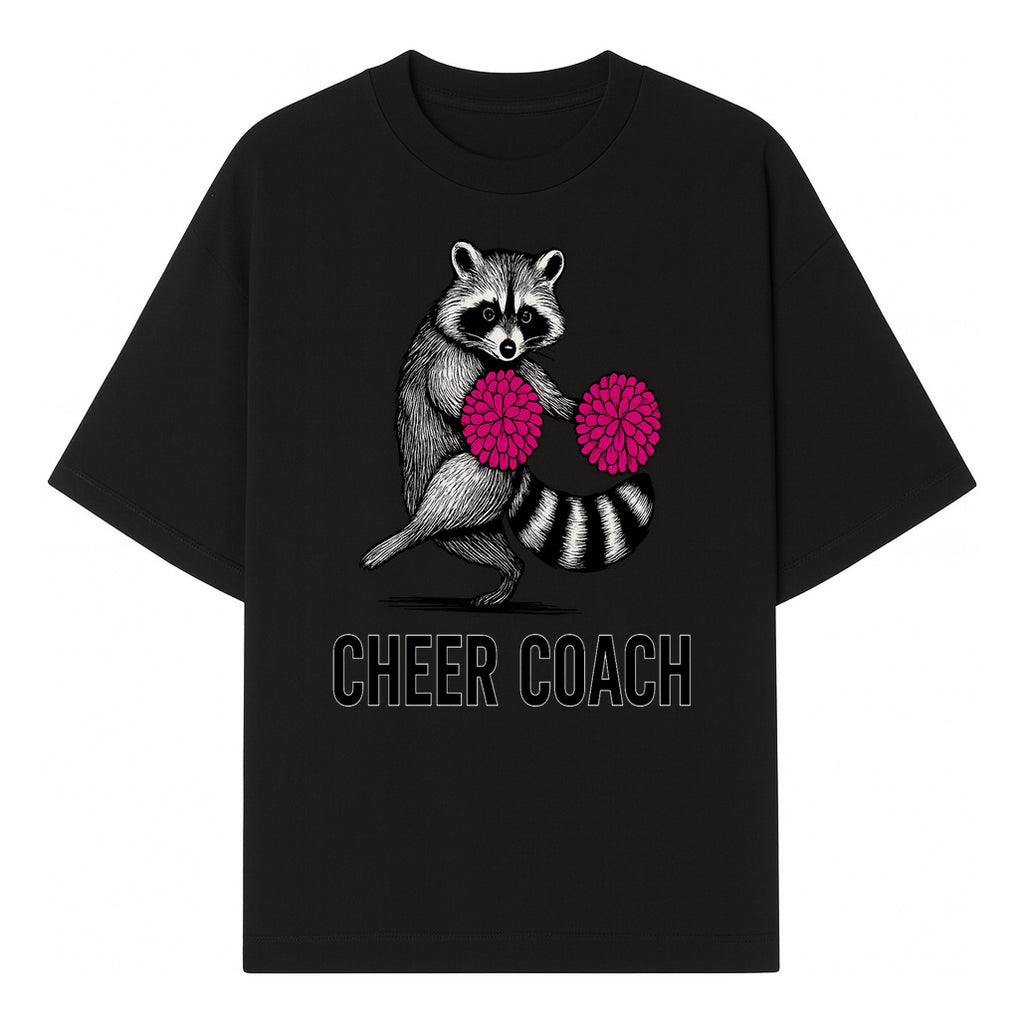 Cheer Coach Raccoon Graphic Tee - Fun & Whimsical Animal Design for Cheerleaders & Coaches, Perfect Gift Idea - T-shirt 1758186552302.jpg