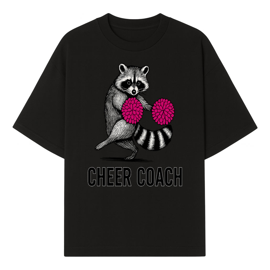 Cheer Coach Raccoon Graphic Tee - Fun & Whimsical Animal Design for Cheerleaders & Coaches, Perfect Gift Idea - T-shirt 1758186552302.jpg