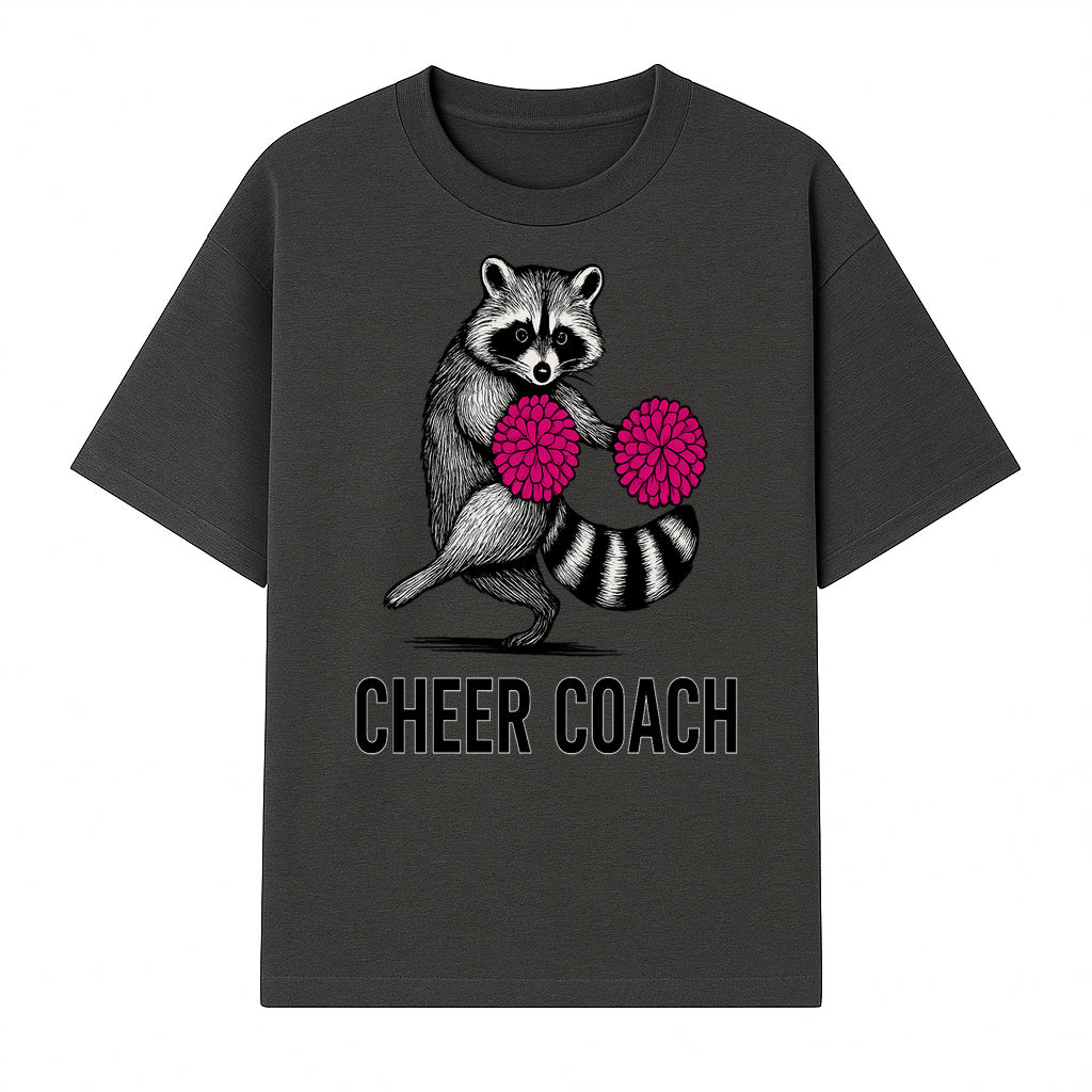 Cheer Coach Raccoon Graphic Tee - Fun & Whimsical Animal Design for Cheerleaders & Coaches, Perfect Gift Idea - T-shirt 1758186552461.jpg