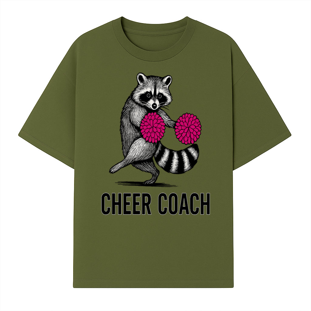 Cheer Coach Raccoon Graphic Tee - Fun & Whimsical Animal Design for Cheerleaders & Coaches, Perfect Gift Idea - T-shirt 1758186552588.jpg