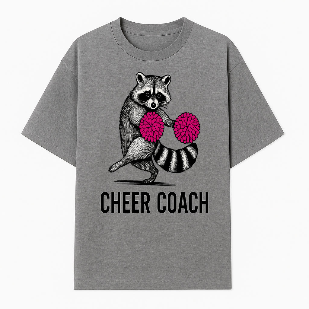 Cheer Coach Raccoon Graphic Tee - Fun & Whimsical Animal Design for Cheerleaders & Coaches, Perfect Gift Idea - T-shirt 1758186552731.jpg