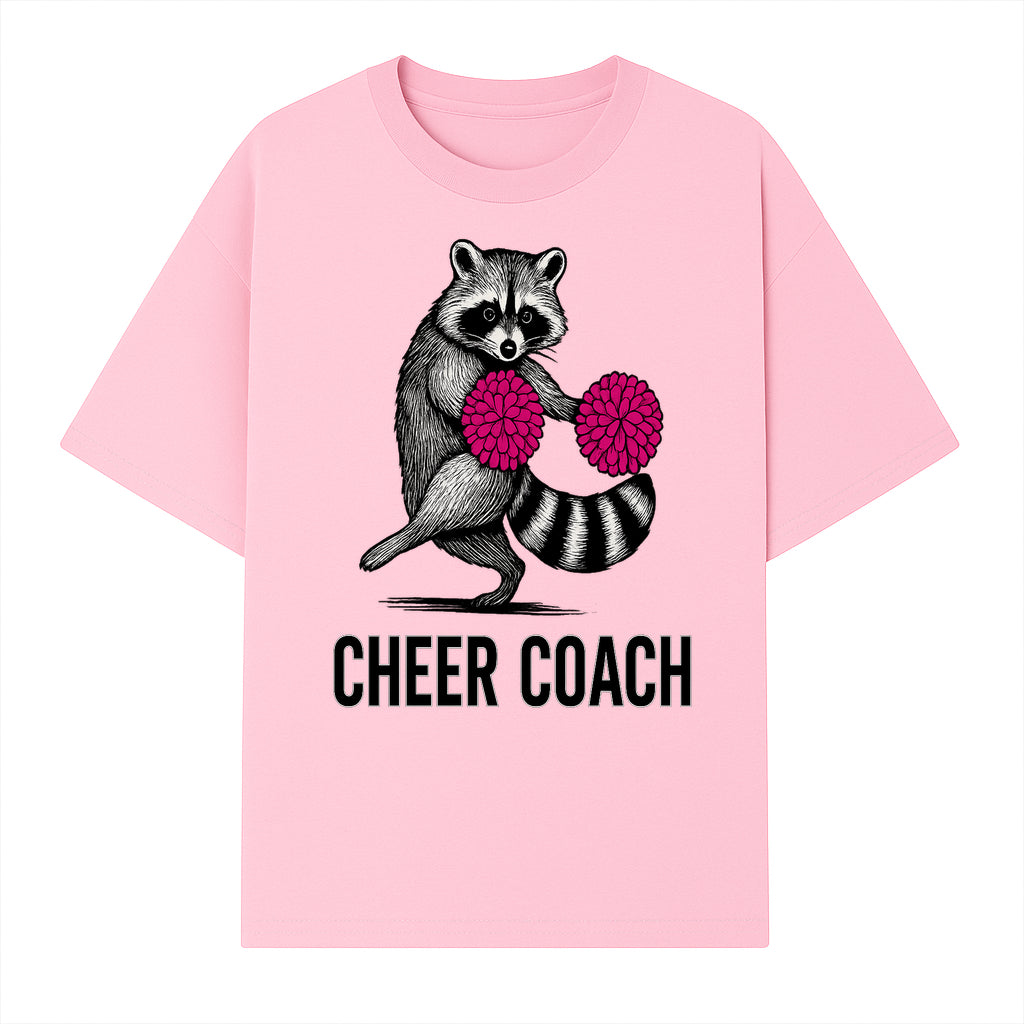 Cheer Coach Raccoon Graphic Tee - Fun & Whimsical Animal Design for Cheerleaders & Coaches, Perfect Gift Idea - T-shirt 1758186553012.jpg