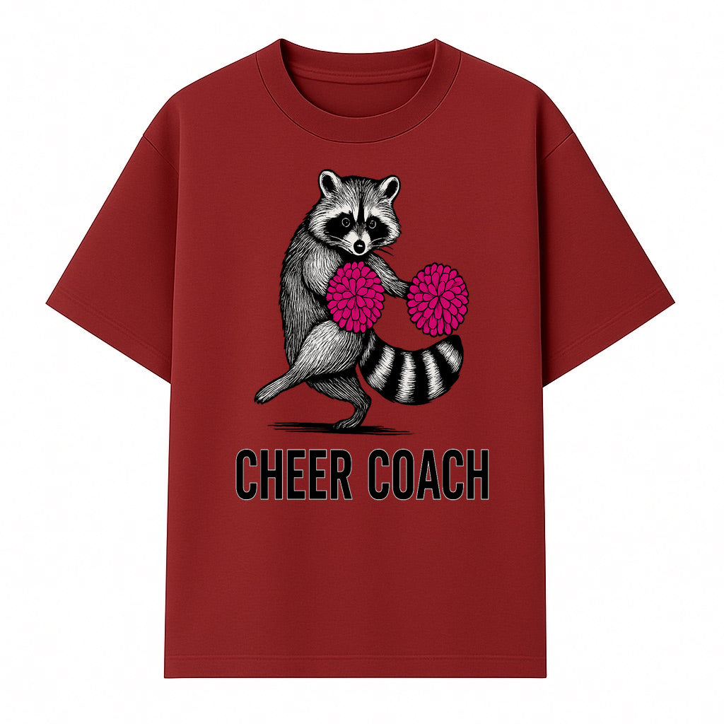 Cheer Coach Raccoon Graphic Tee - Fun & Whimsical Animal Design for Cheerleaders & Coaches, Perfect Gift Idea - T-shirt 1758186553190.jpg