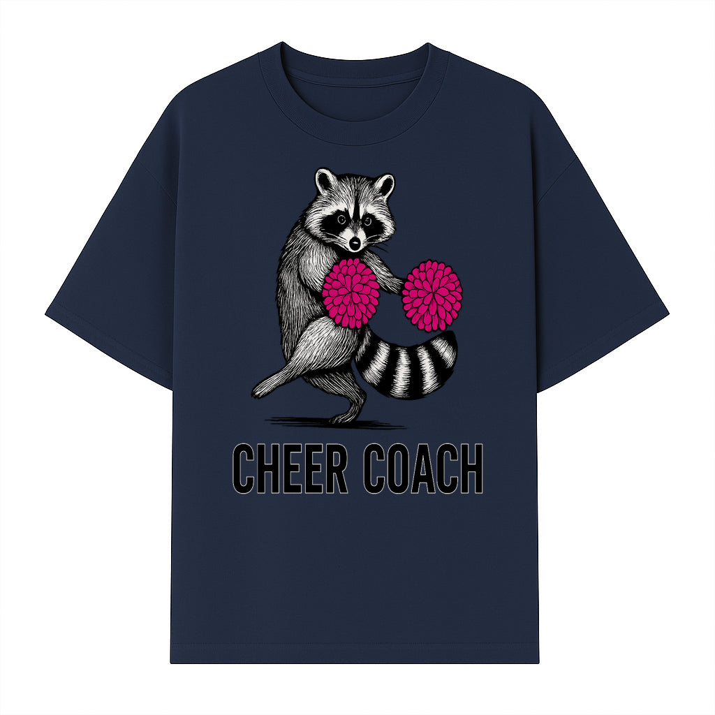 Cheer Coach Raccoon Graphic Tee - Fun & Whimsical Animal Design for Cheerleaders & Coaches, Perfect Gift Idea - T-shirt 1758186553329.jpg