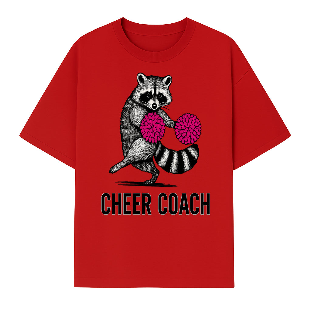 Cheer Coach Raccoon Graphic Tee - Fun & Whimsical Animal Design for Cheerleaders & Coaches, Perfect Gift Idea - T-shirt 1758186553506.jpg