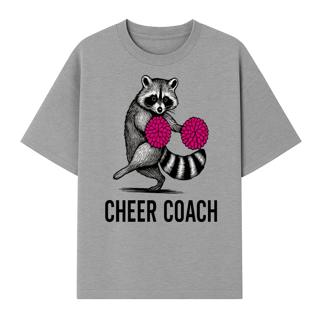 Cheer Coach Raccoon Graphic Tee - Fun & Whimsical Animal Design for Cheerleaders & Coaches, Perfect Gift Idea - T-shirt 1758186553661.jpg