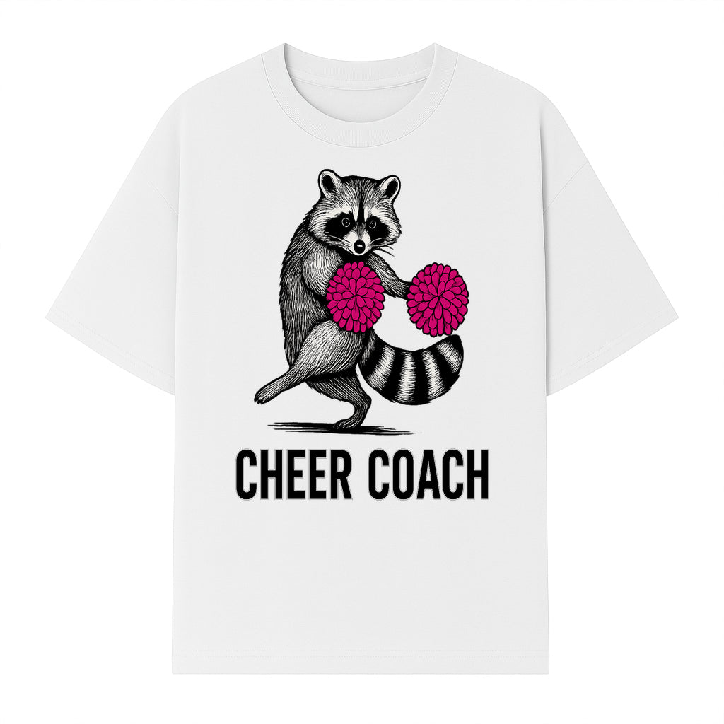 Cheer Coach Raccoon Graphic Tee - Fun & Whimsical Animal Design for Cheerleaders & Coaches, Perfect Gift Idea - T-shirt 1758186553804.jpg