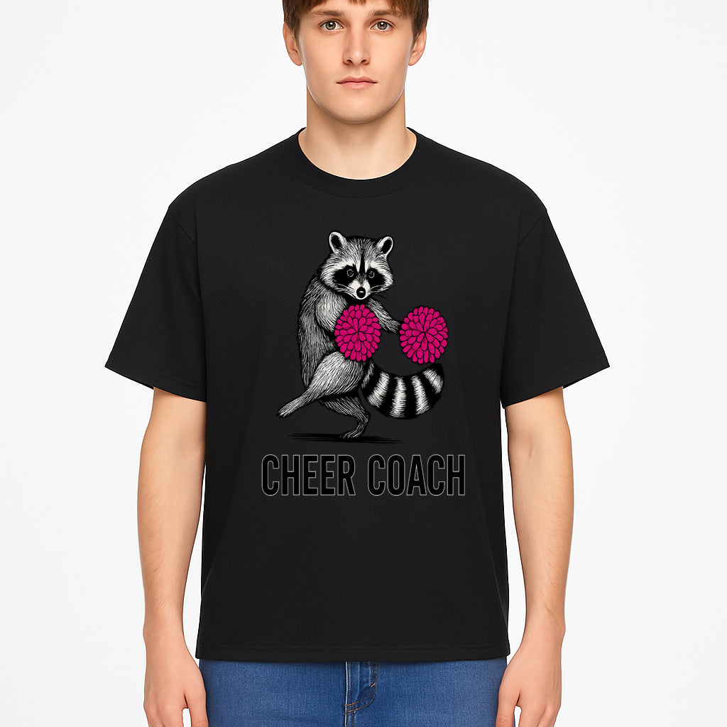 Cheer Coach Raccoon Graphic Tee - Fun & Whimsical Animal Design for Cheerleaders & Coaches, Perfect Gift Idea - T-shirt 1758186554949.jpg