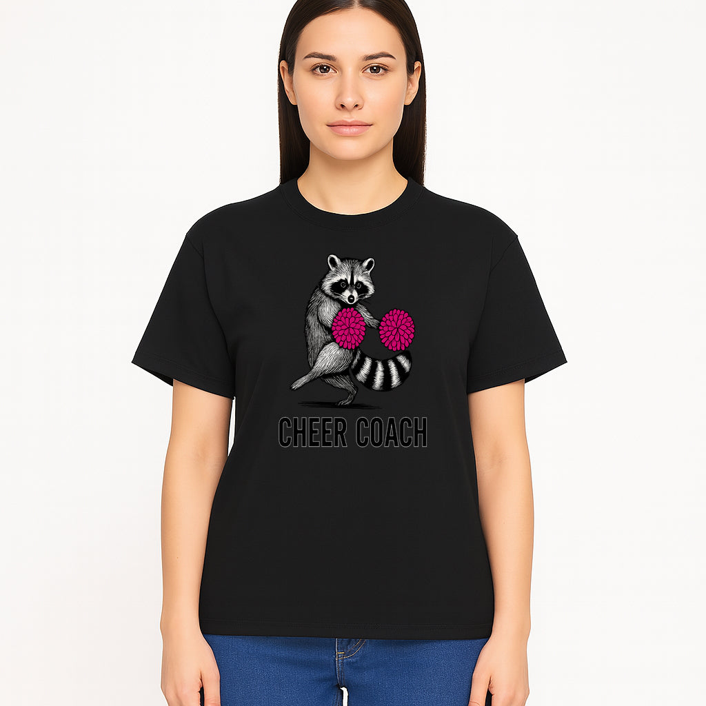 Cheer Coach Raccoon Graphic Tee - Fun & Whimsical Animal Design for Cheerleaders & Coaches, Perfect Gift Idea - T-shirt 1758186555101.jpg