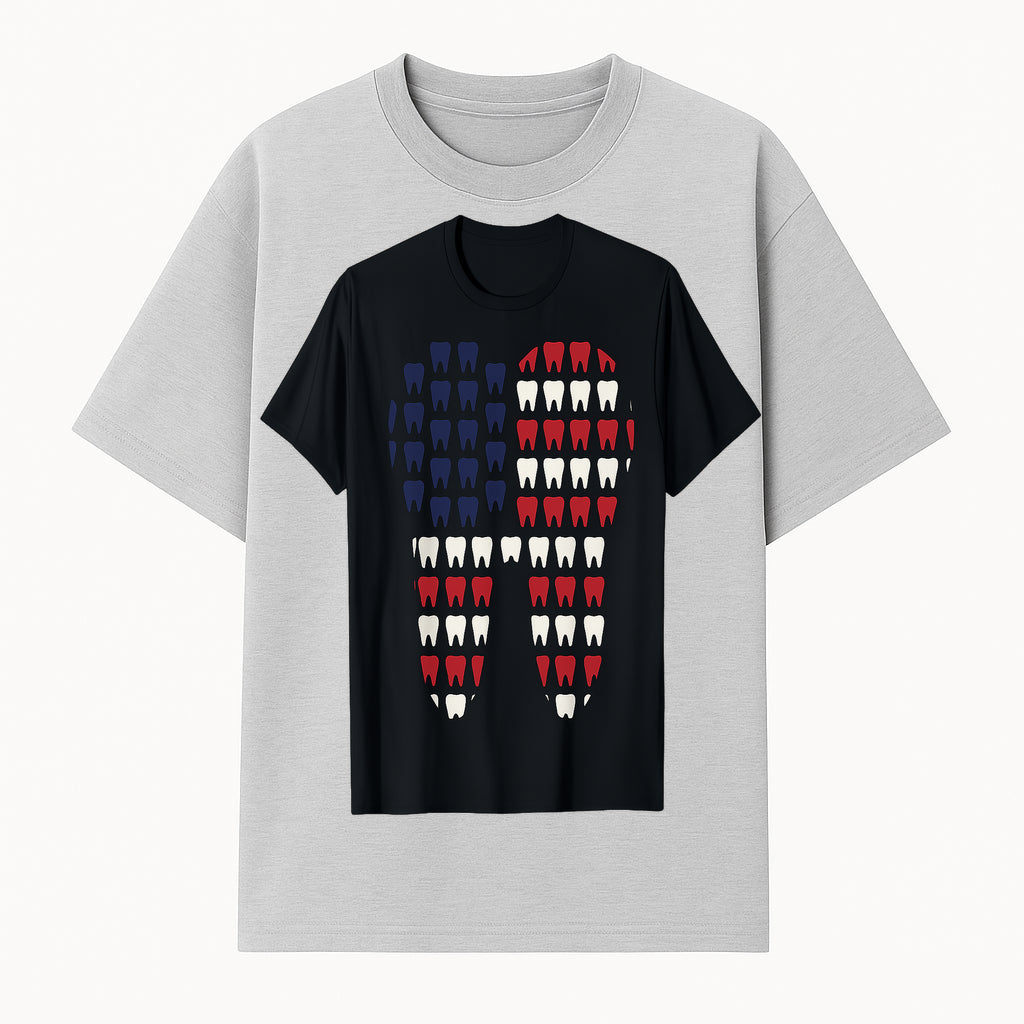 Patriotic Dental Themed T-Shirt with Tooth Pattern, Funny Dentist Humor Shirt, Unisex Fourth of July Graphic Tee - T-shirt 1758250096118.jpg