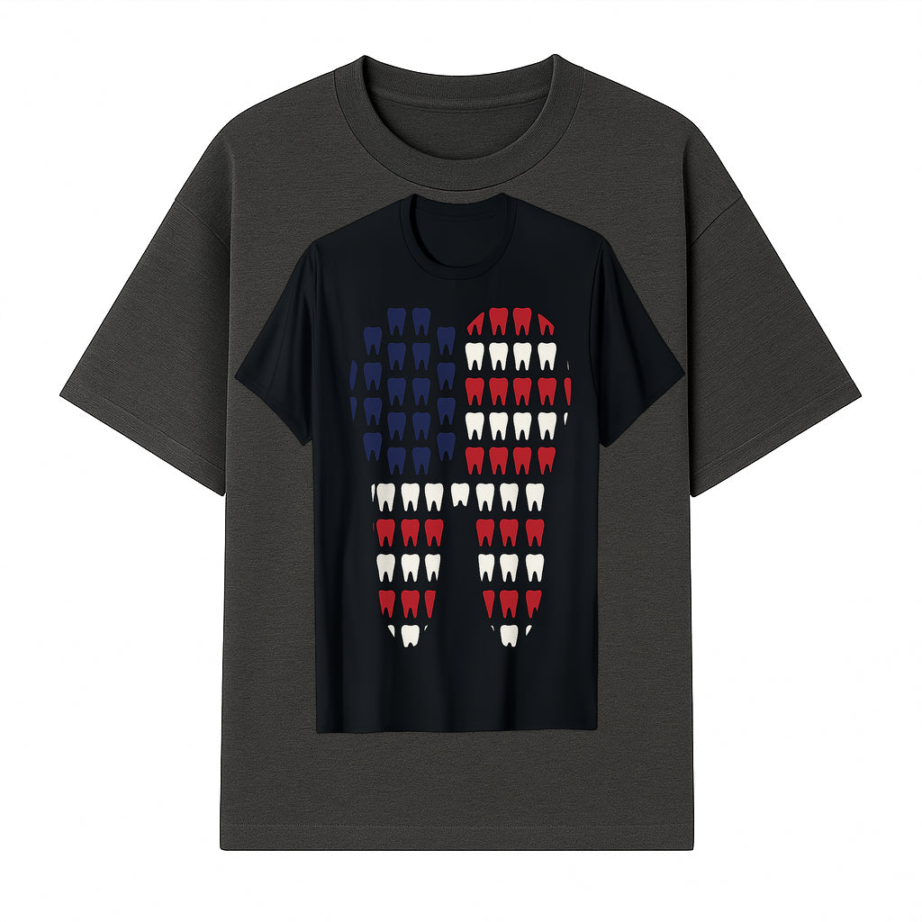 Patriotic Dental Themed T-Shirt with Tooth Pattern, Funny Dentist Humor Shirt, Unisex Fourth of July Graphic Tee - T-shirt 1758250096414.jpg