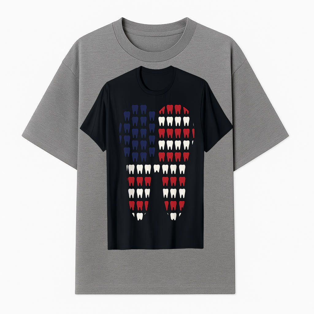 Patriotic Dental Themed T-Shirt with Tooth Pattern, Funny Dentist Humor Shirt, Unisex Fourth of July Graphic Tee - T-shirt 1758250096698.jpg