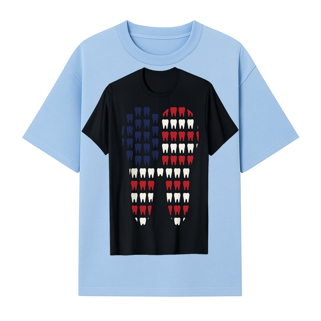 Patriotic Dental Themed T-Shirt with Tooth Pattern, Funny Dentist Humor Shirt, Unisex Fourth of July Graphic Tee - T-shirt 1758250096833.jpg
