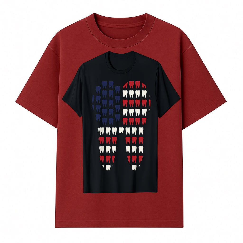 Patriotic Dental Themed T-Shirt with Tooth Pattern, Funny Dentist Humor Shirt, Unisex Fourth of July Graphic Tee - T-shirt 1758250097131.jpg