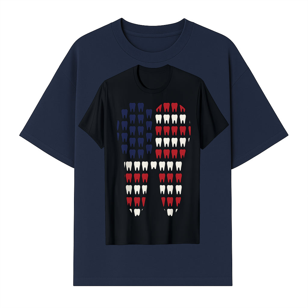 Patriotic Dental Themed T-Shirt with Tooth Pattern, Funny Dentist Humor Shirt, Unisex Fourth of July Graphic Tee - T-shirt 1758250097263.jpg