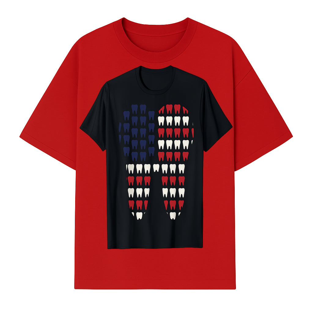 Patriotic Dental Themed T-Shirt with Tooth Pattern, Funny Dentist Humor Shirt, Unisex Fourth of July Graphic Tee - T-shirt 1758250097413.jpg